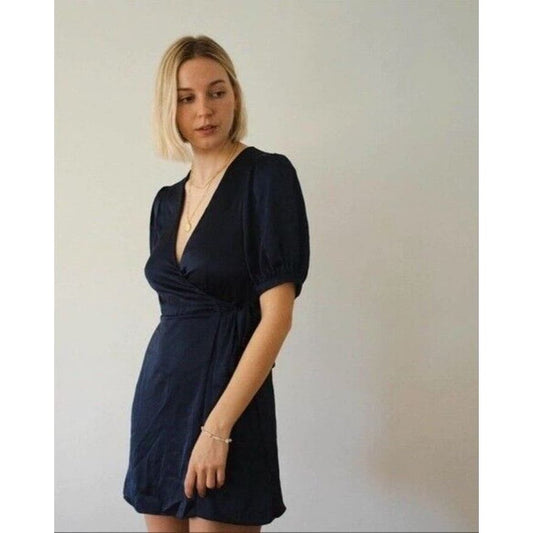 Wilfred Free Lune classy navy blue satin puff sleeve wrap dress