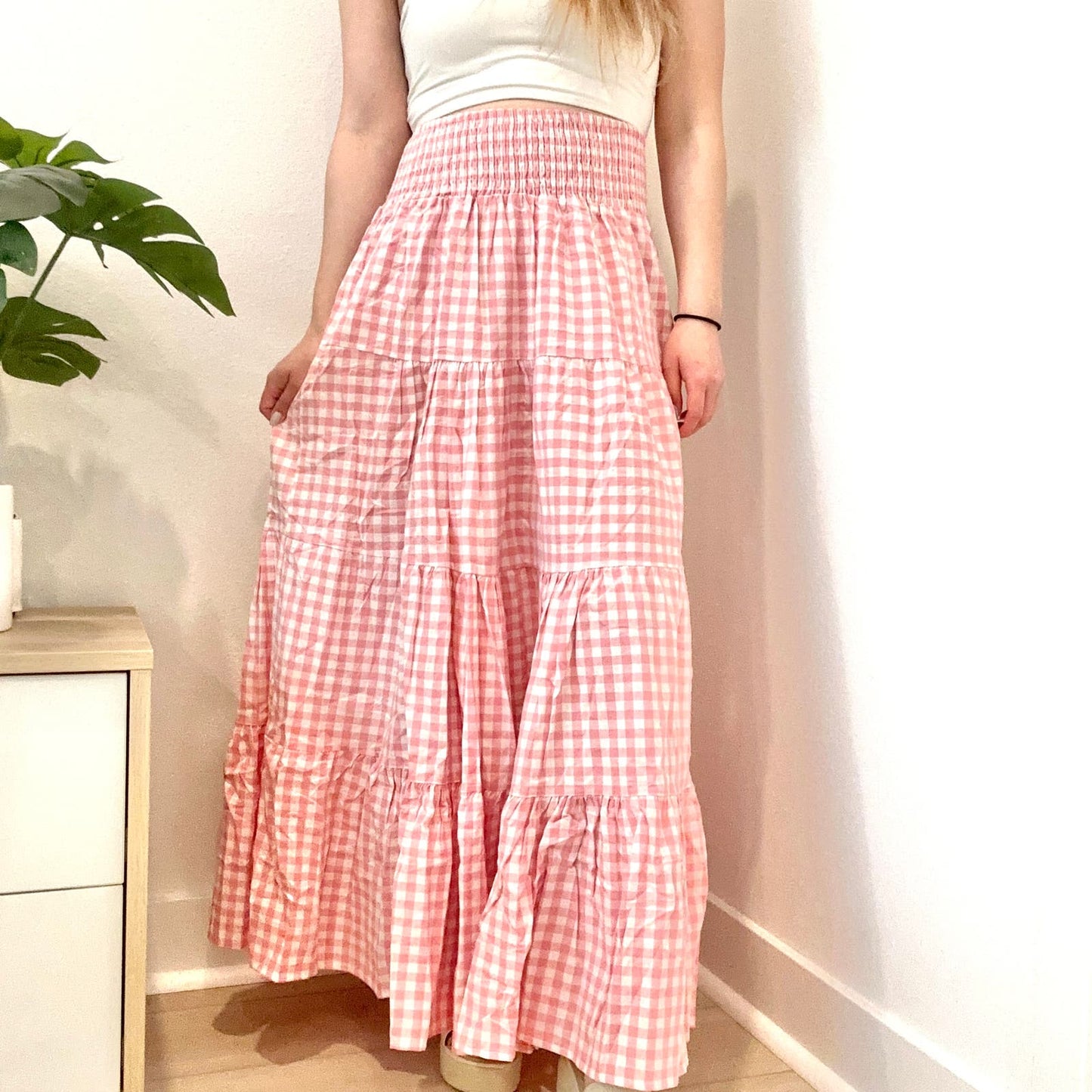 Petal & Pup Aldgate pink white gingham tiered ruffle maxi skirt