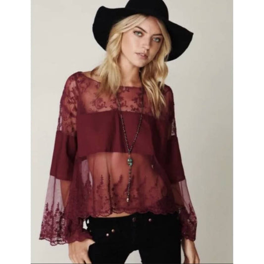 Free People Cannaregio burgundy floral lace see through sheer bell sleeve blouse