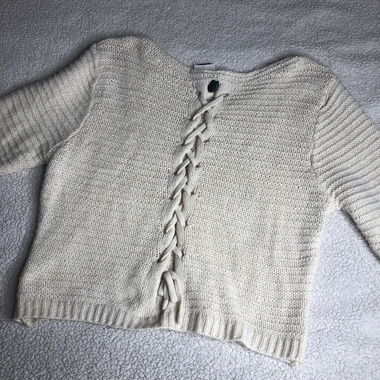 Windsor ivory cream white cable ribbed knit lace up vneck sweater