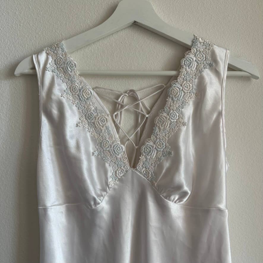 White embroidered floral vneck satin knee length slip nightgown dress