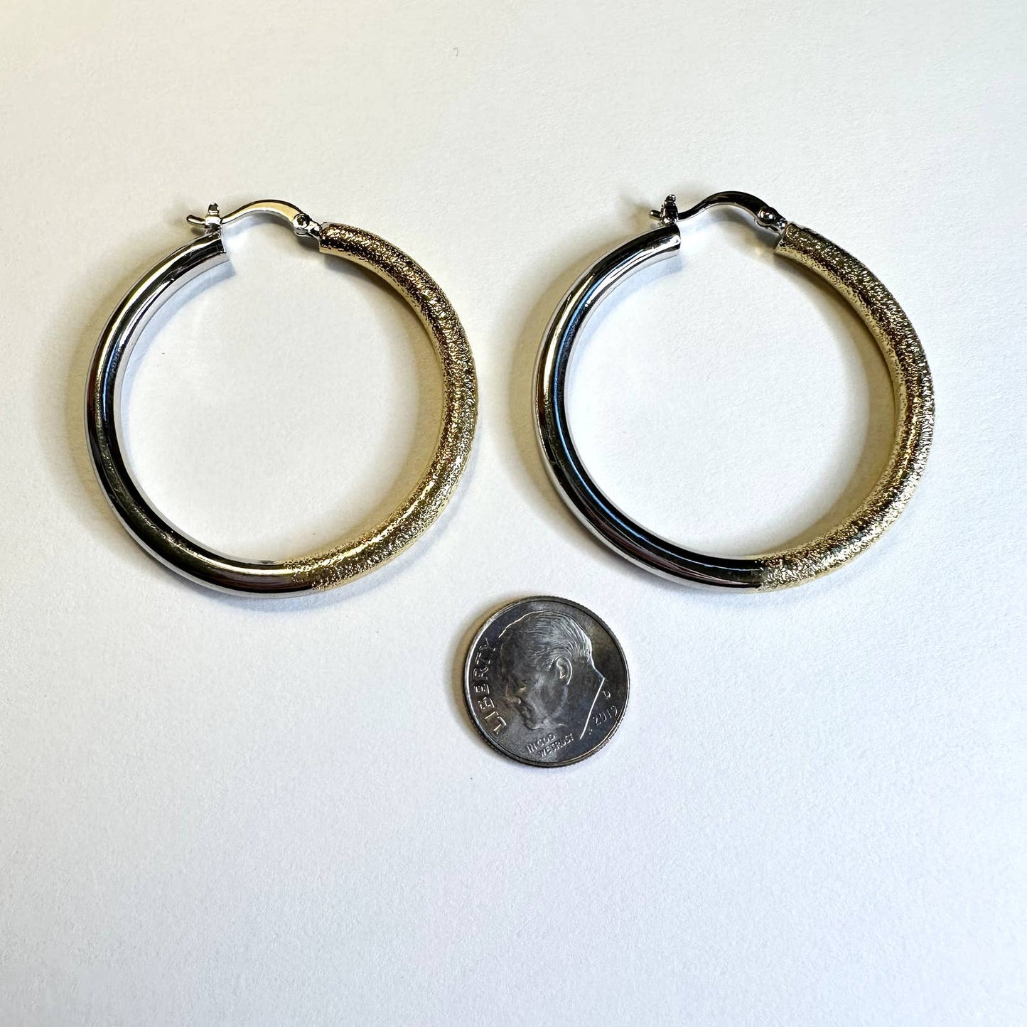 Textured gold smooth silver thick hoop earrings