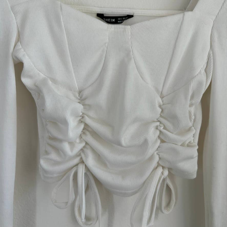 Shein white ribbed ruched bustier cropped long sleeve blouse