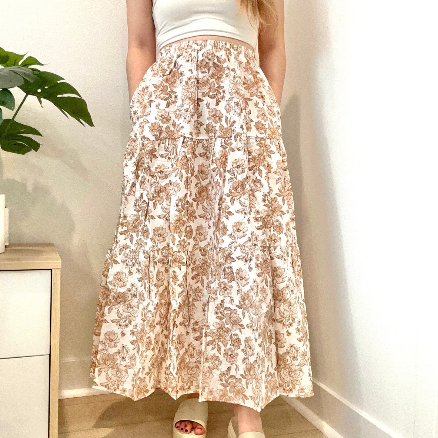 Petal & Pup Gabriella white tan floral tiered maxi skirt
