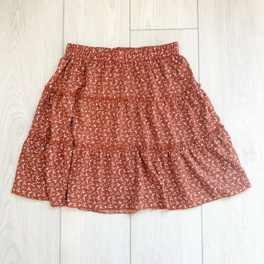 Burnt orange ruffle tiered floral mini skirt