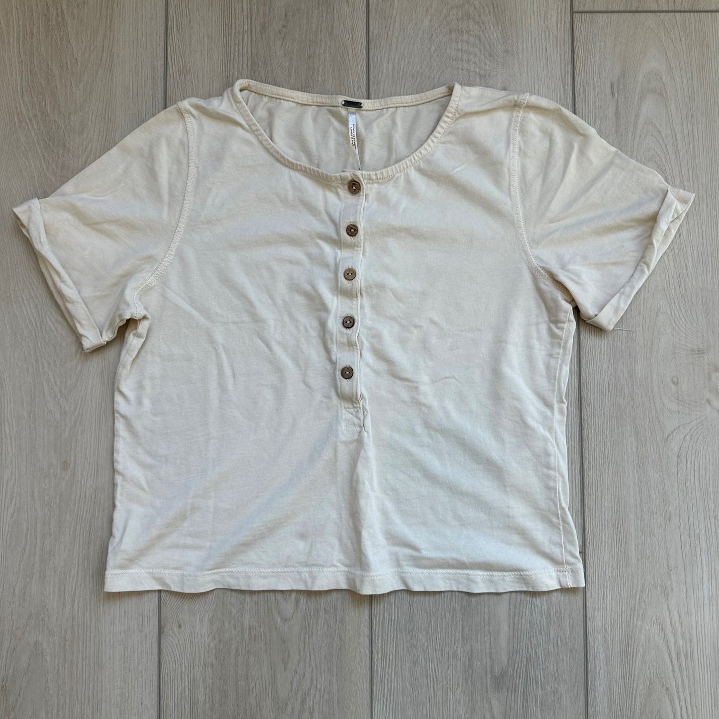Free People What's Up Henley cream cropped short sleeve button up shirt
