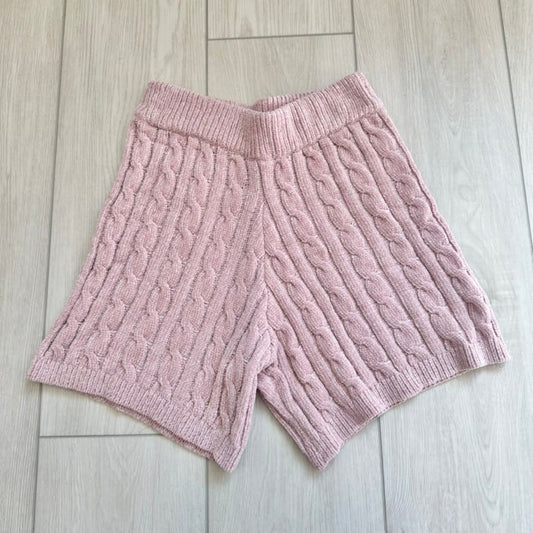 Pink chenille cable knit high waisted sweater material lounge pajama shorts