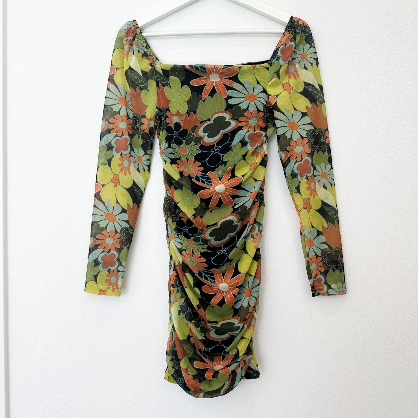 Nasty Gal retro mesh floral ruched long sleeve dress