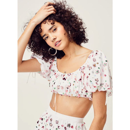 For Love & Lemons Cold Hearted sequin puff sleeve tie crop top