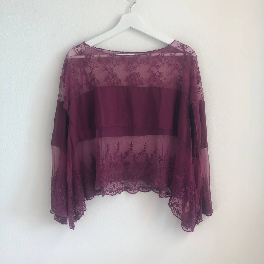 Free People Cannaregio burgundy floral lace see through sheer bell sleeve blouse
