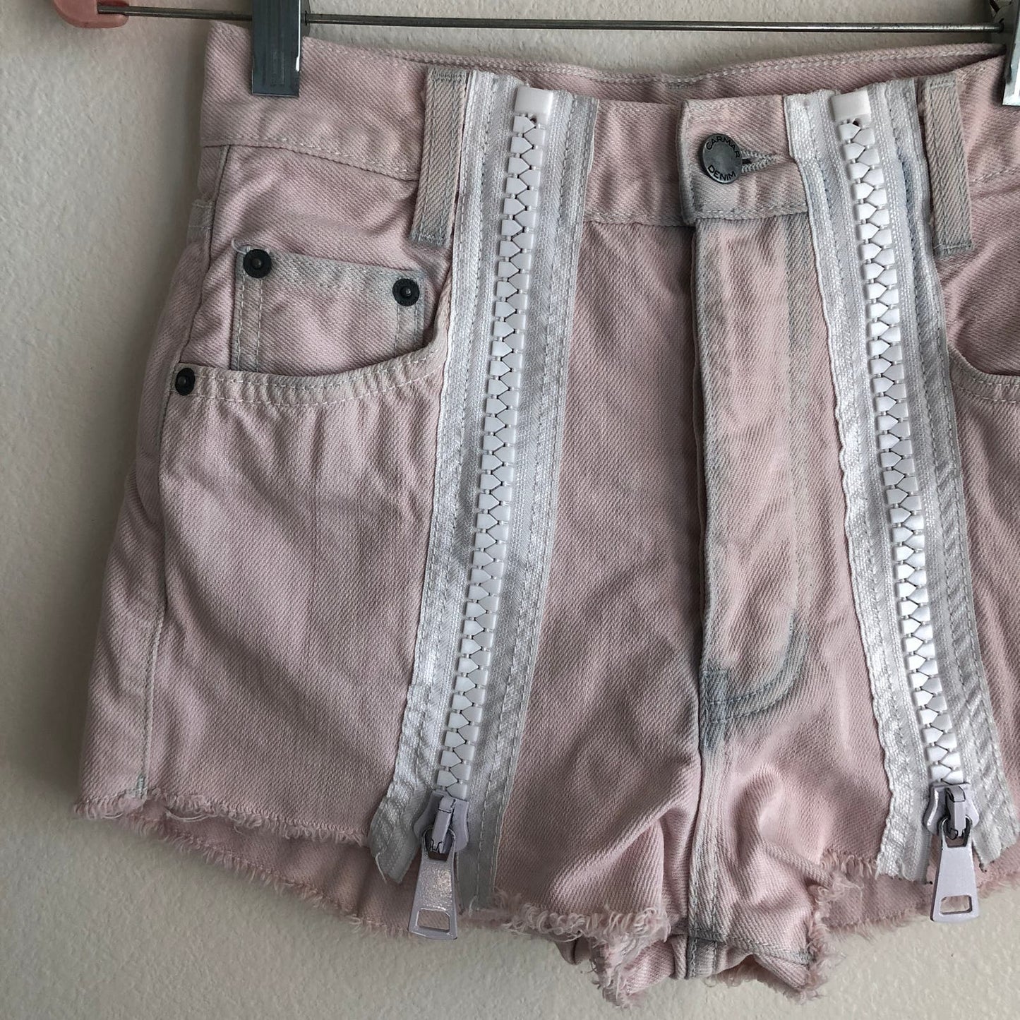 Carmar Tatiana pink white zipper distressed cutoff raw hem high waist shorts