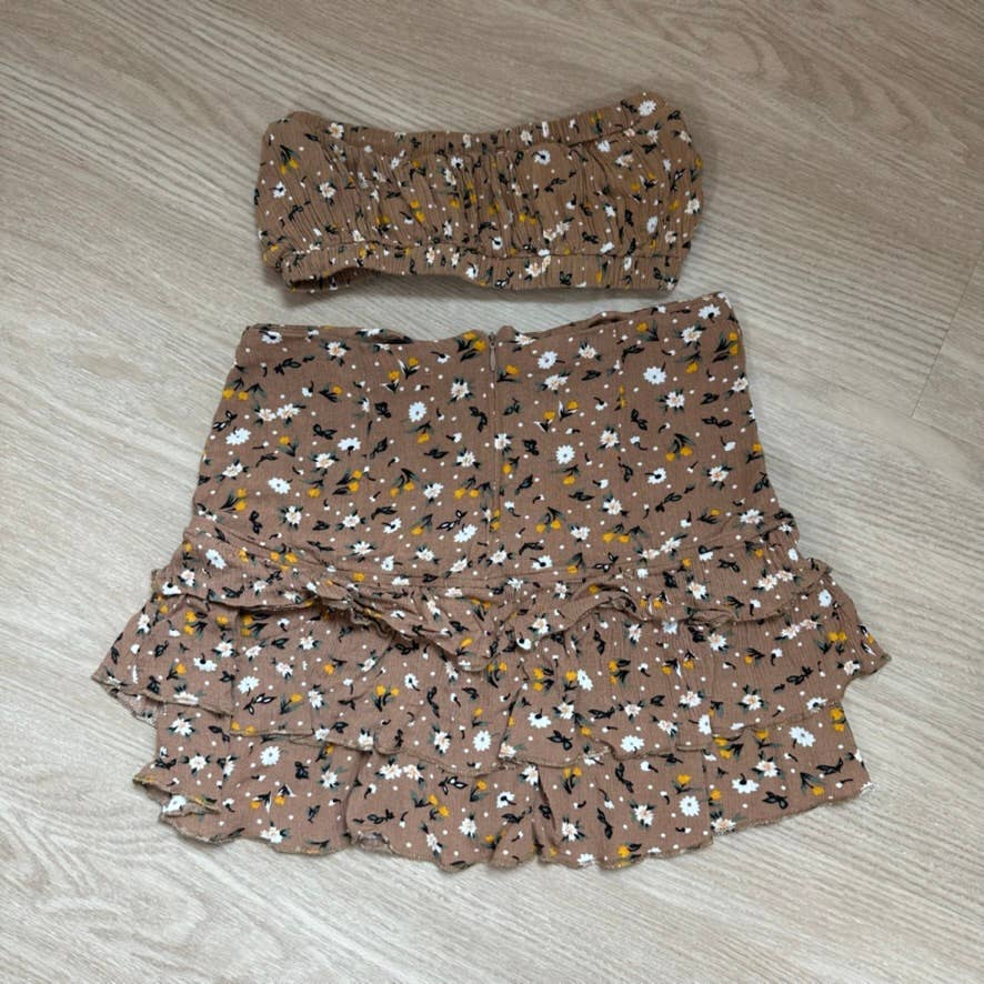 Missguided brown floral tube top ruffle skirt two piece set