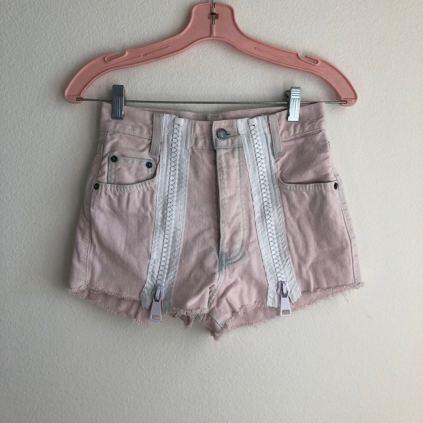 Carmar Tatiana pink white zipper distressed cutoff raw hem high waist shorts