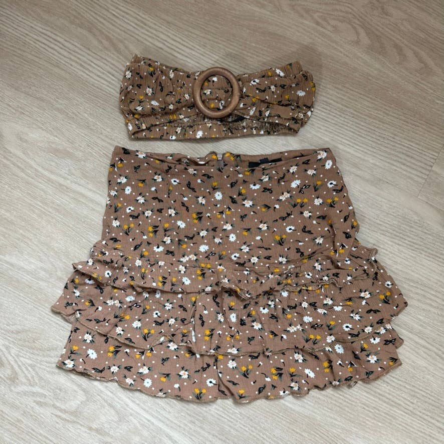 Missguided brown floral tube top ruffle skirt two piece set