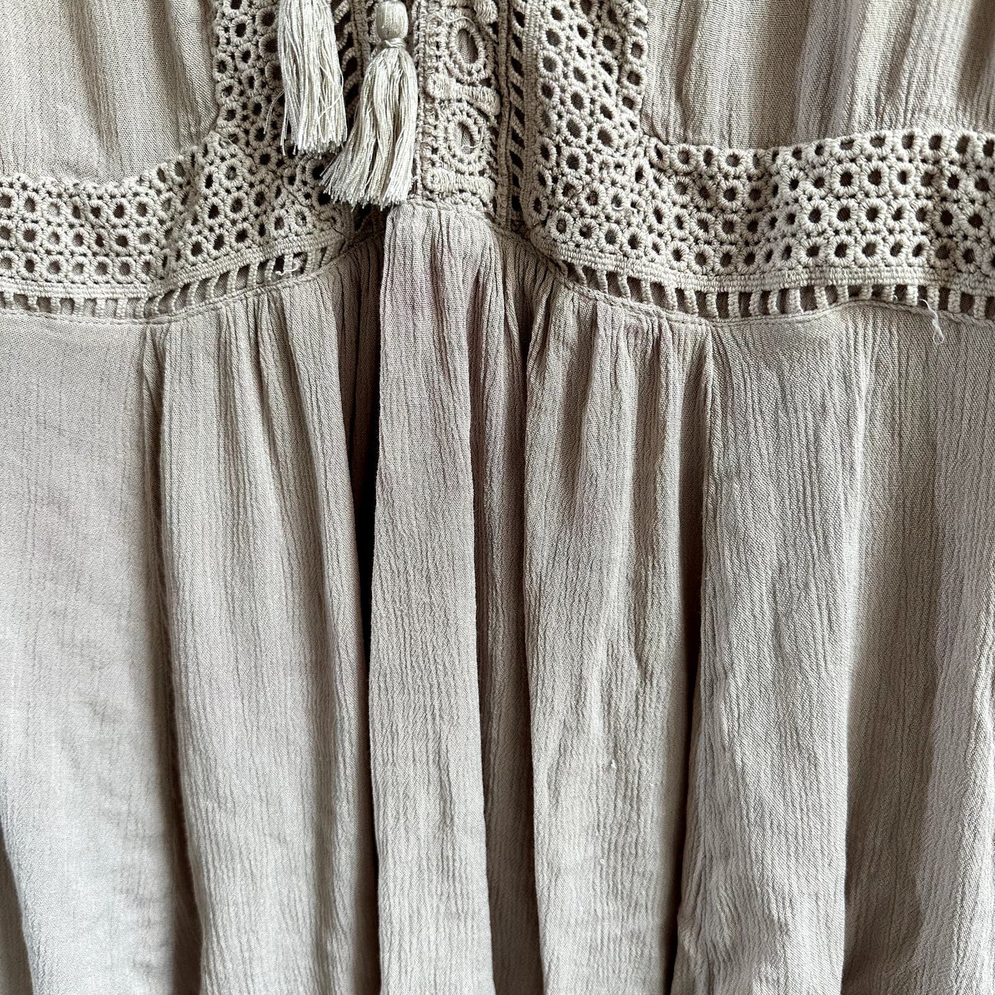Torrid taupe boho crochet lace tassel sleeveless blouse