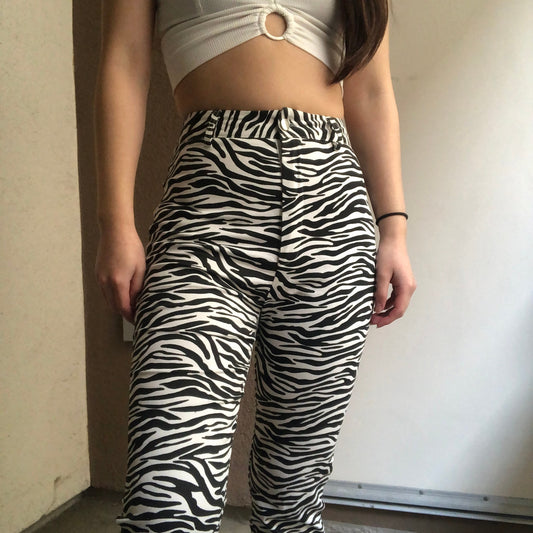 Zebra print striped high waisted straight leg funky pants