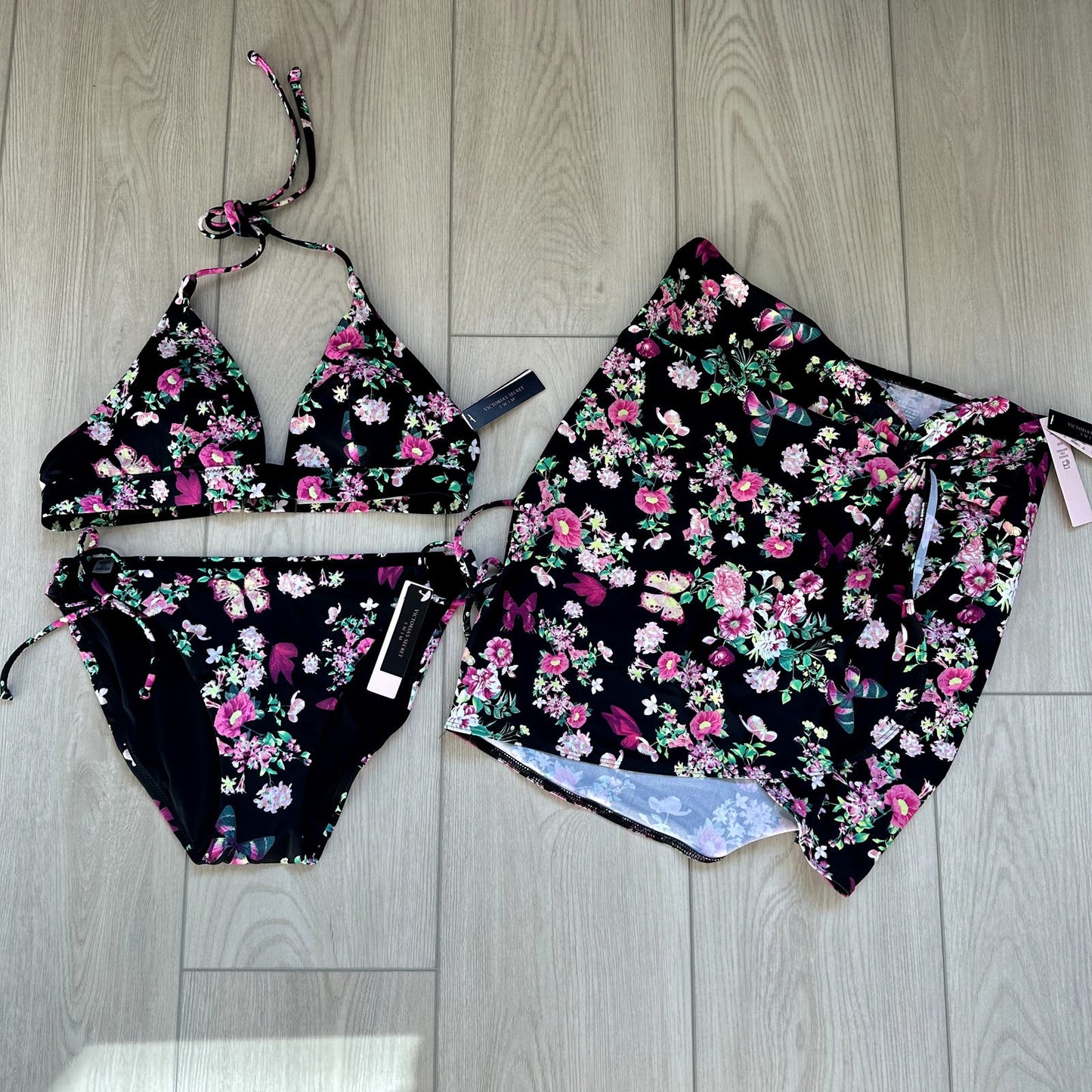 Victoria's Secret black floral 3 piece swim bikini set