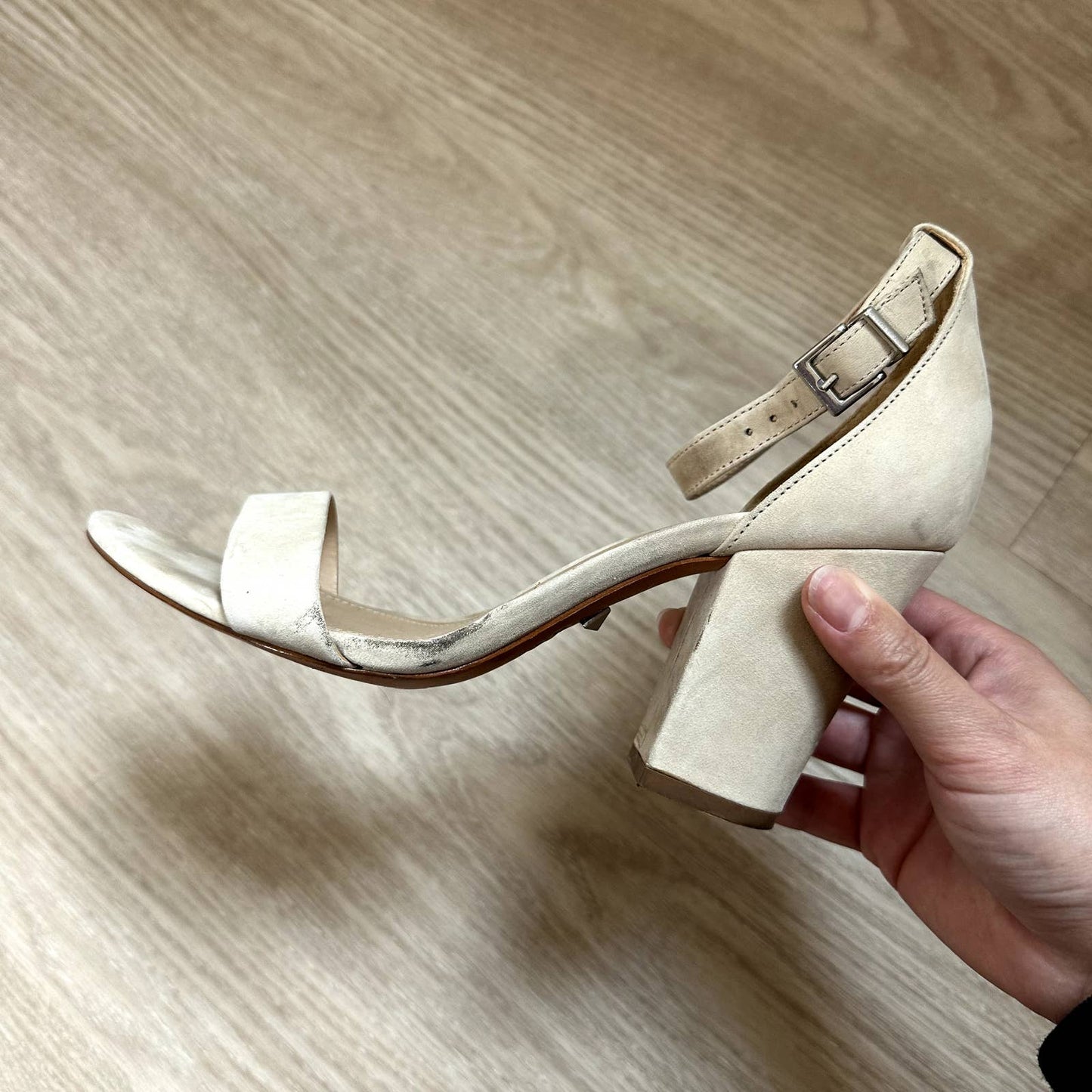 Schutz Enida nude ankle strap suede leather block heel sandals