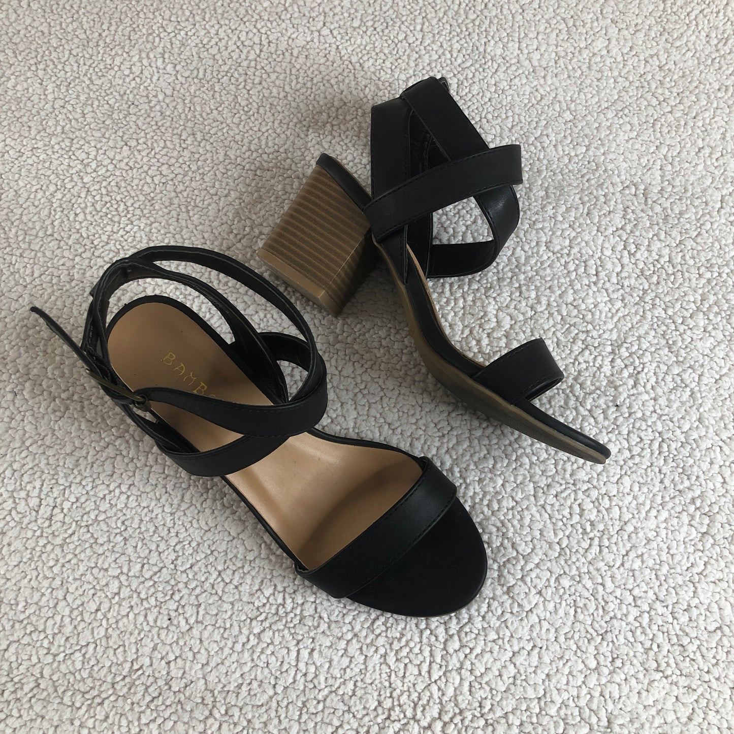 Bamboo black strappy ankle buckle cross strap heeled sandals