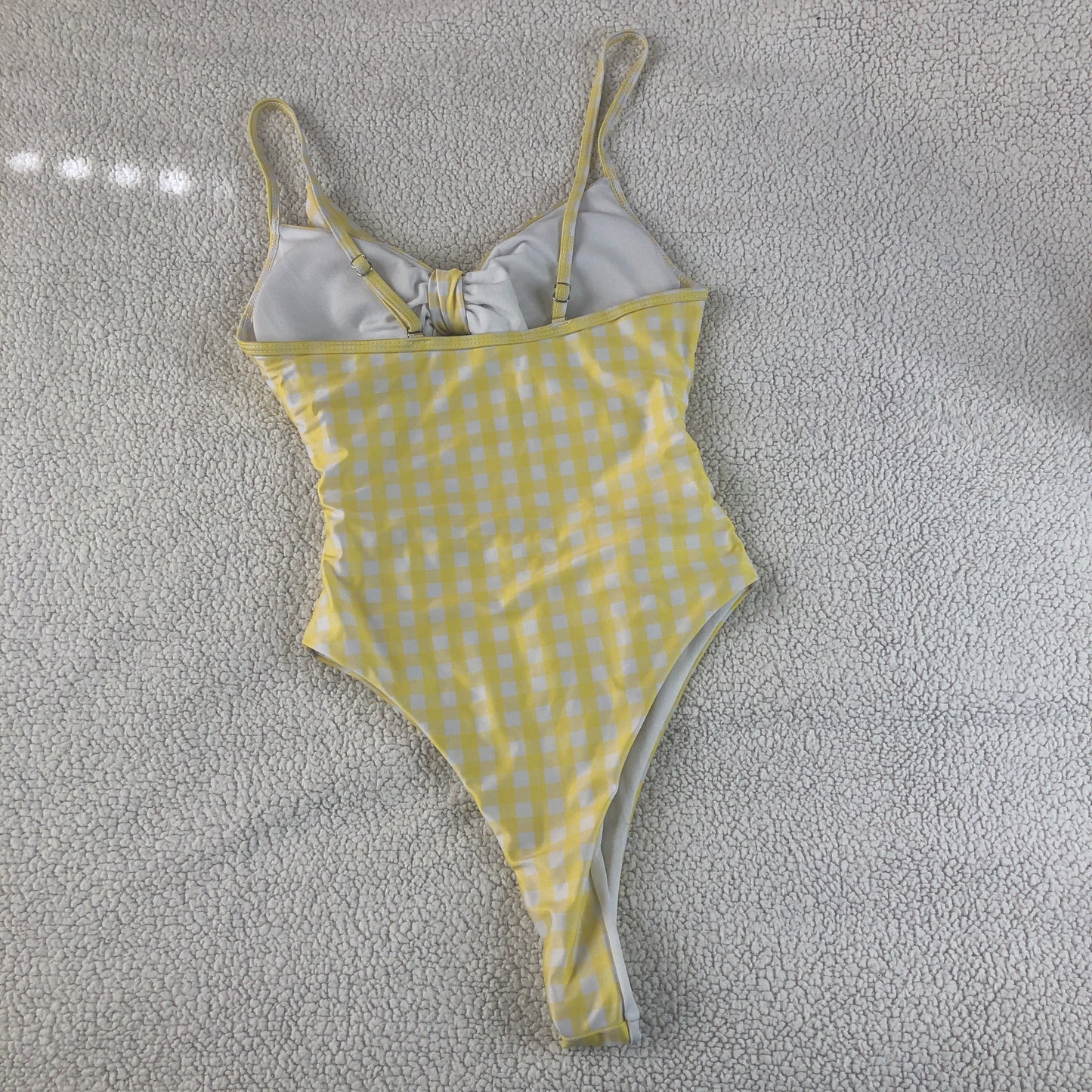 Zahara Swim yellow gingham plaid self tie cutout one piece swimsuit