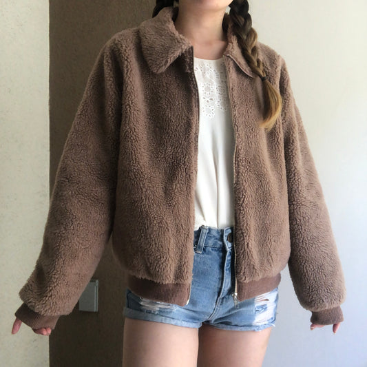 Skies Are Blue brown sherpa teddy fuzzy collared zip up jacket