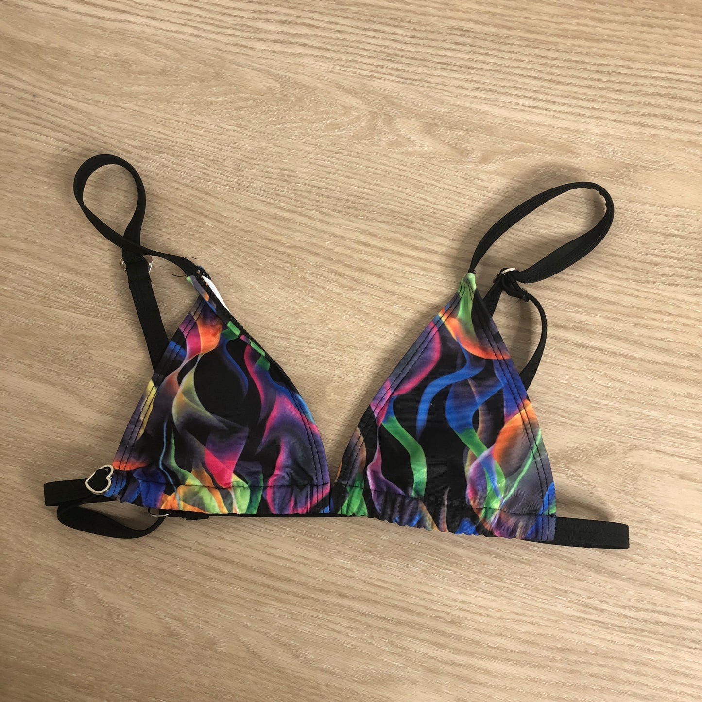 Colorful flame print adjustable triangle padded bikini top heart detail