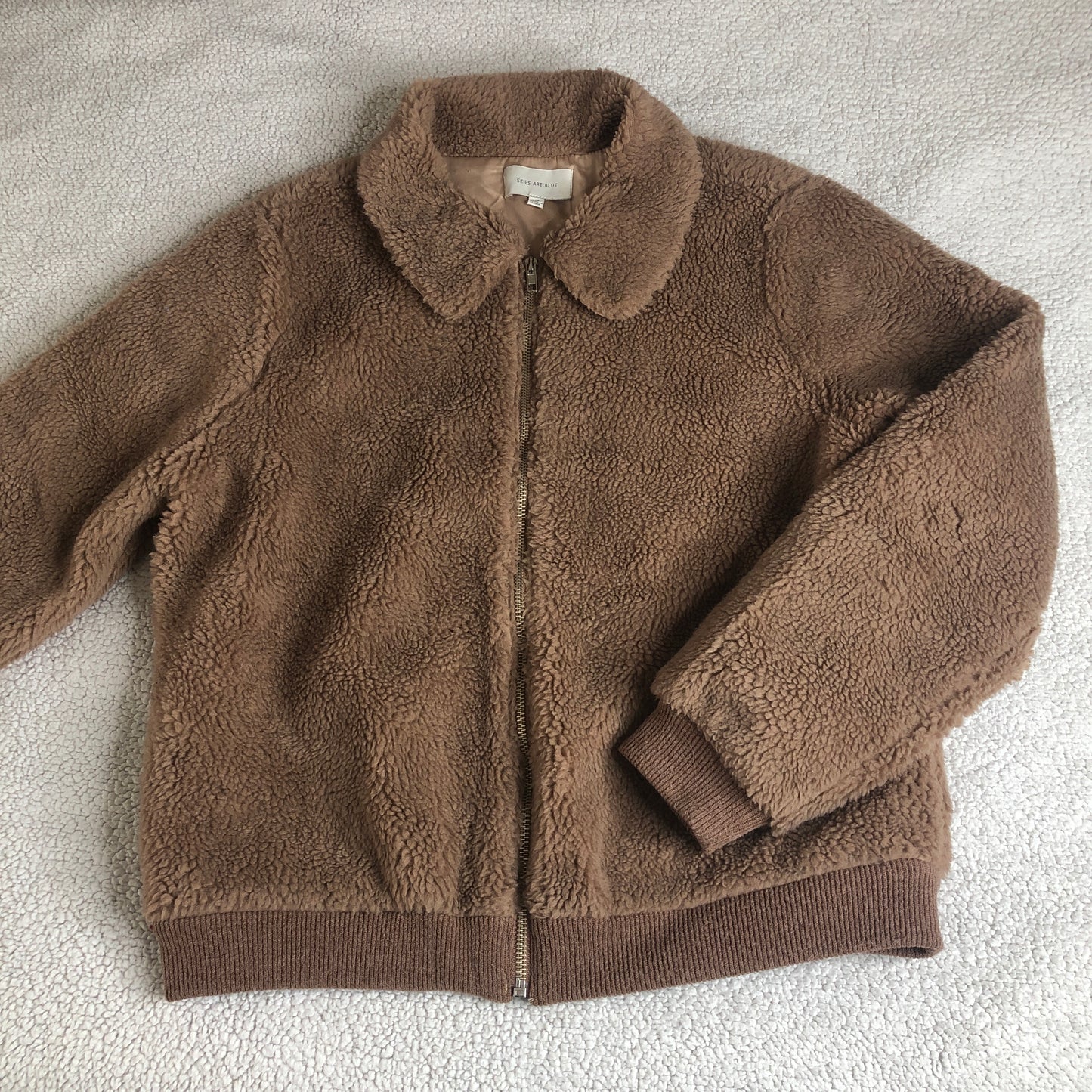 Skies Are Blue brown sherpa teddy fuzzy collared zip up jacket