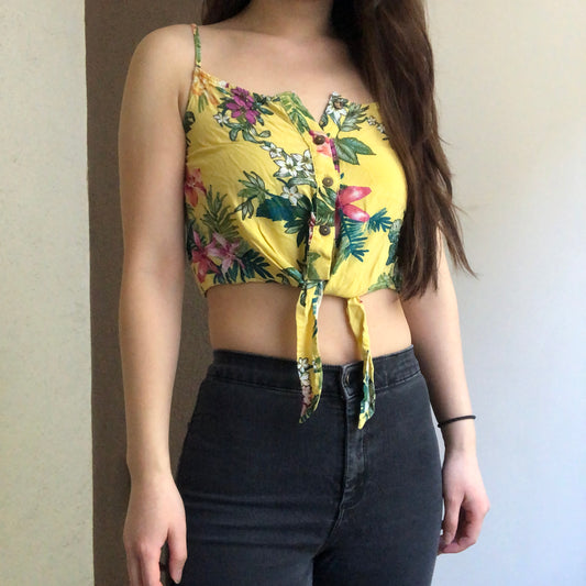 Tropical floral leaf cropped button tie spaghetti strap sleeveless tank top