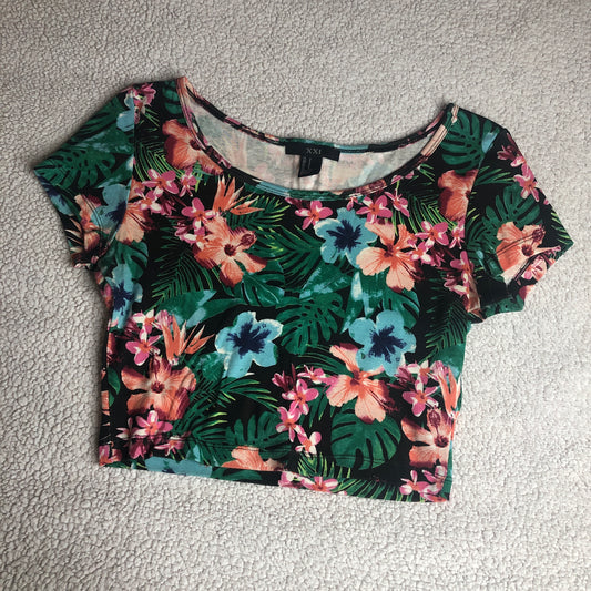 Tropical floral leaf cropped short sleeve top pink green