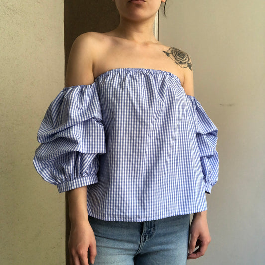 Lucy Wang blue gingham plaid off the shoulder puffy sleeves ruffle blouse