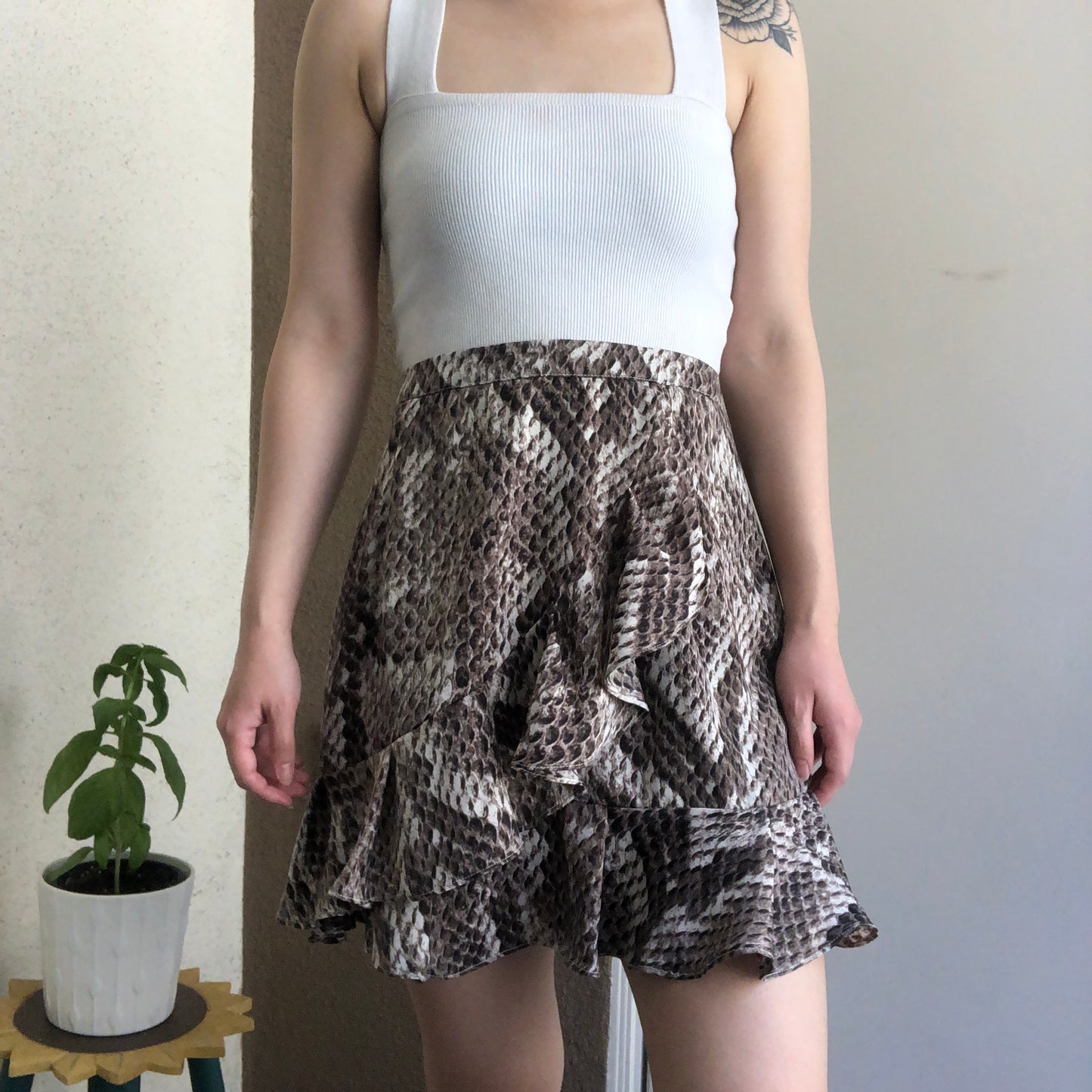 Snakeskin reptile print ruffle wrap zip miniskirt