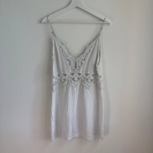 Boho white lace crochet cutout strappy mini dress