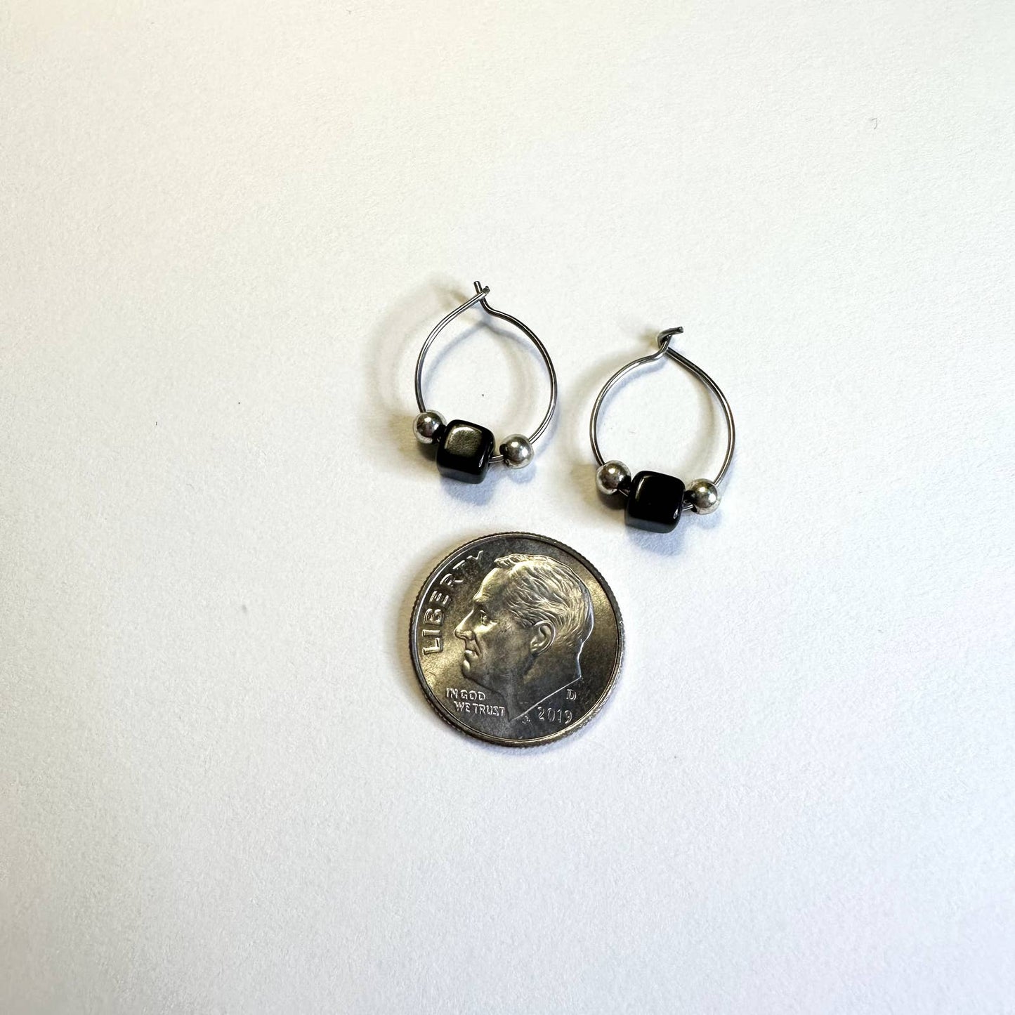 Surgical steel silver black beaded hoop huggie earrings