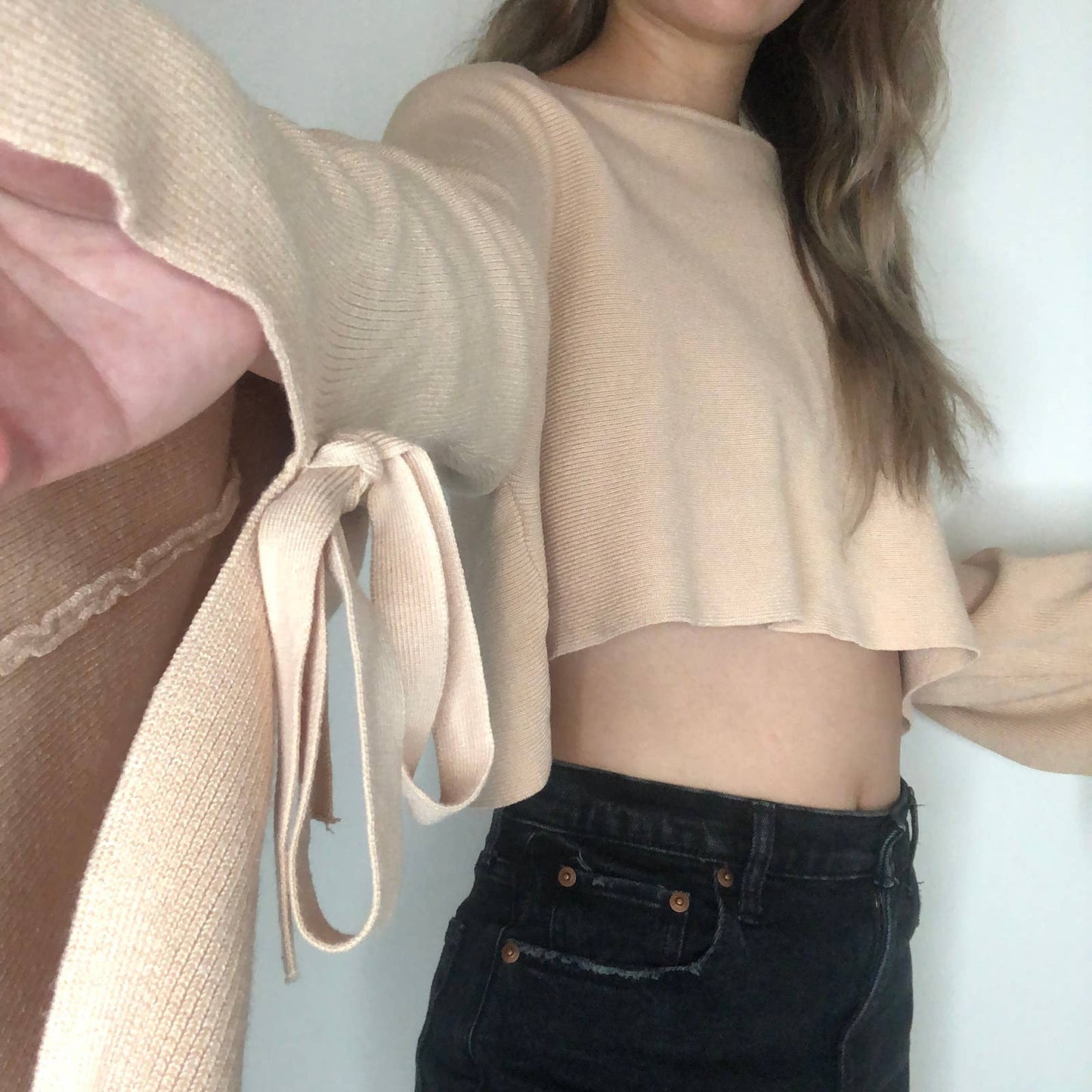 Zara cropped tan wide sleeve self tie knit sweater