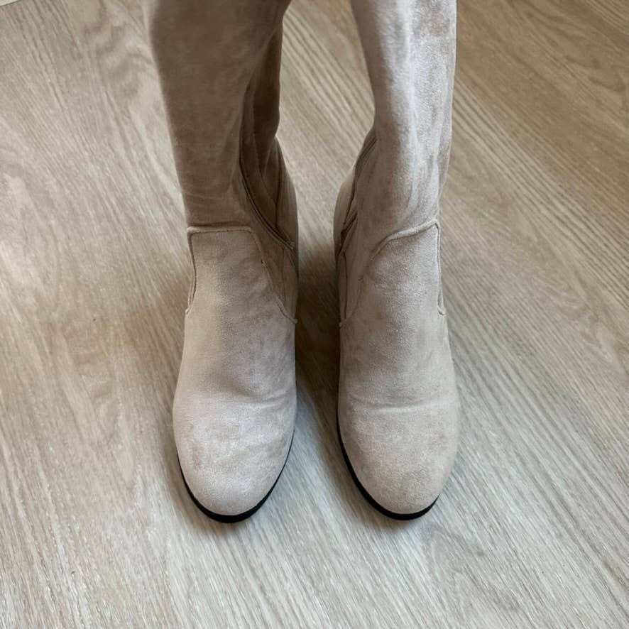 Nude suede heeled knee high boots