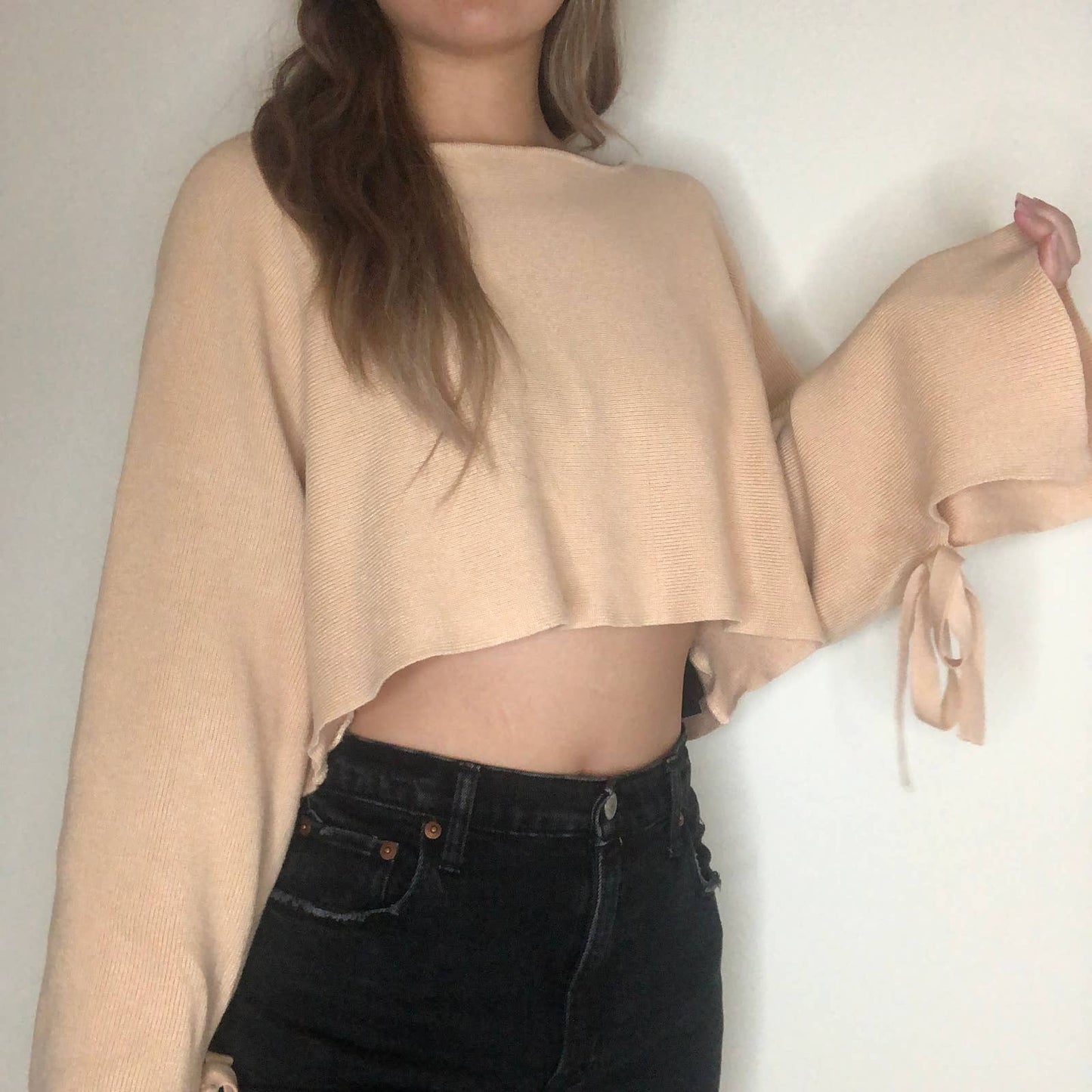 Zara cropped tan wide sleeve self tie knit sweater