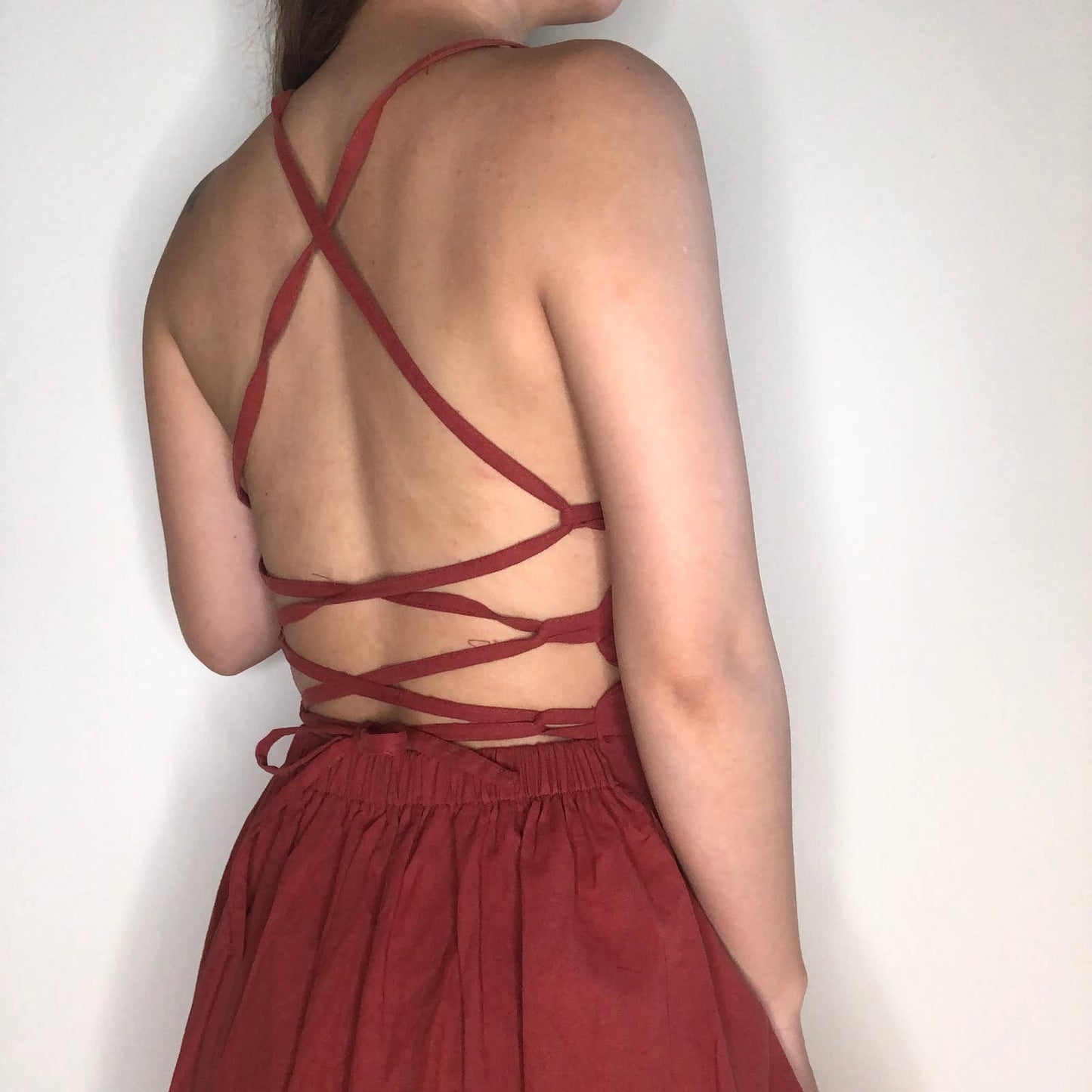 NWOT red rust bustier lace up backless fit and flare strappy mini dress