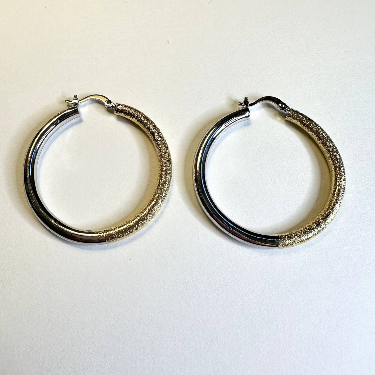 Textured gold smooth silver thick hoop earrings