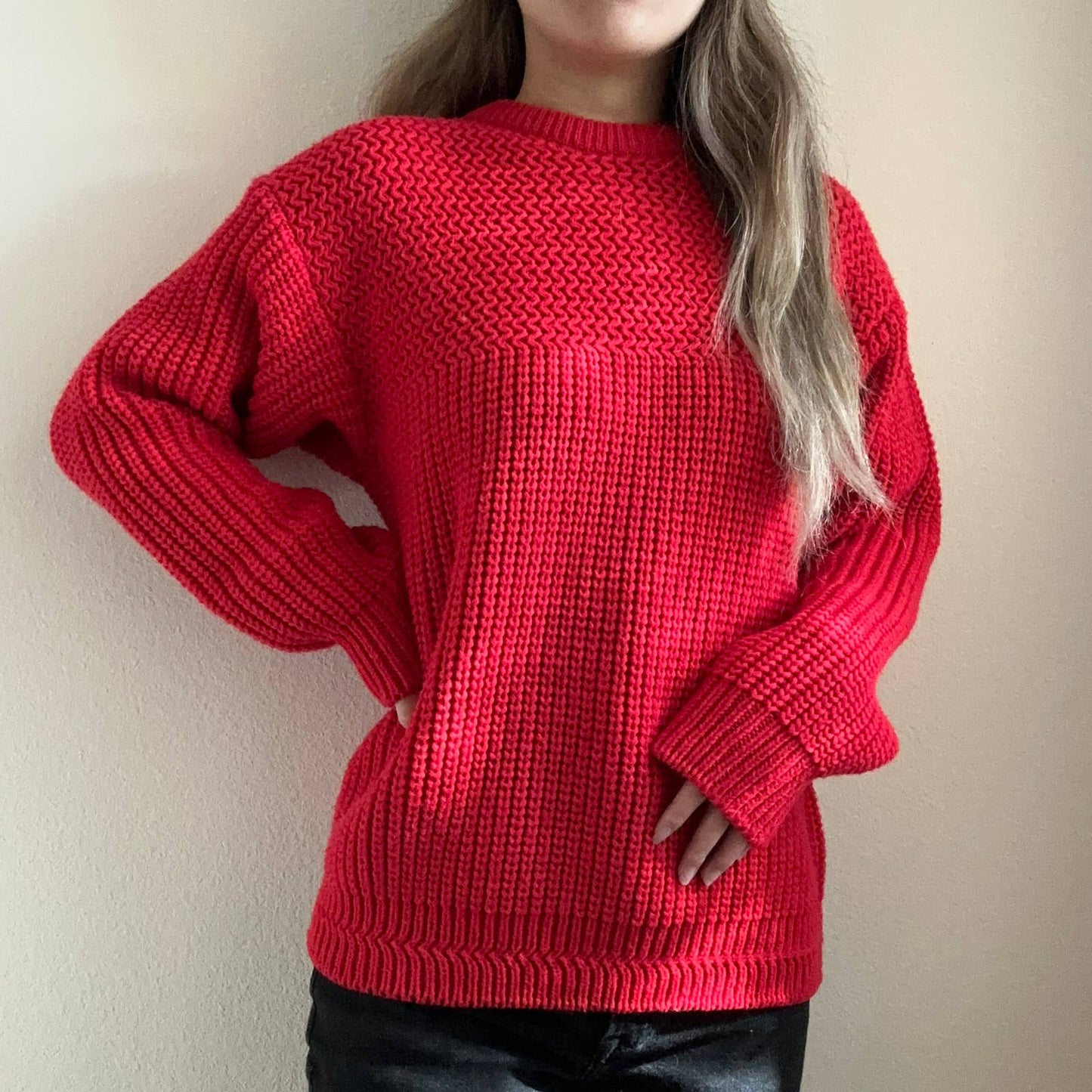 Vintage red chunky knit woven sweater