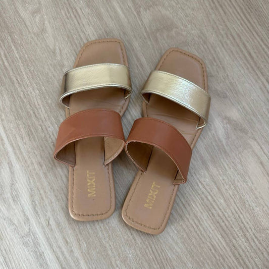 Brown gold double strap square toe sandals