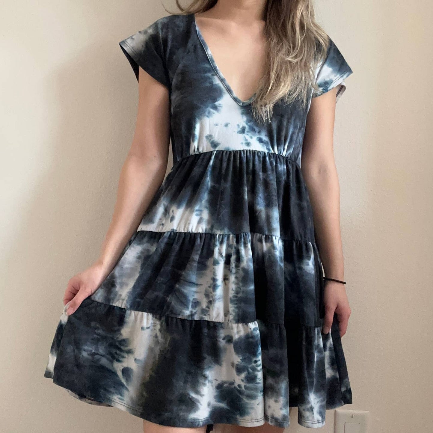 Urban Outfitters Julia tie dye tiered ruffle short sleeve vneck mini dress
