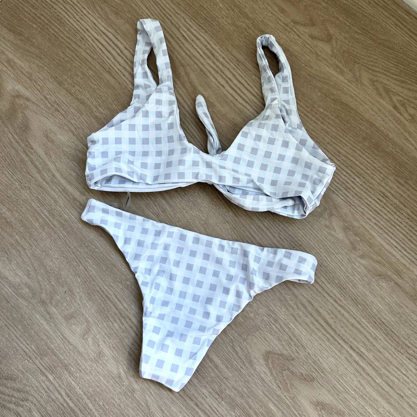 Gray white gingham tie front padded bikini set