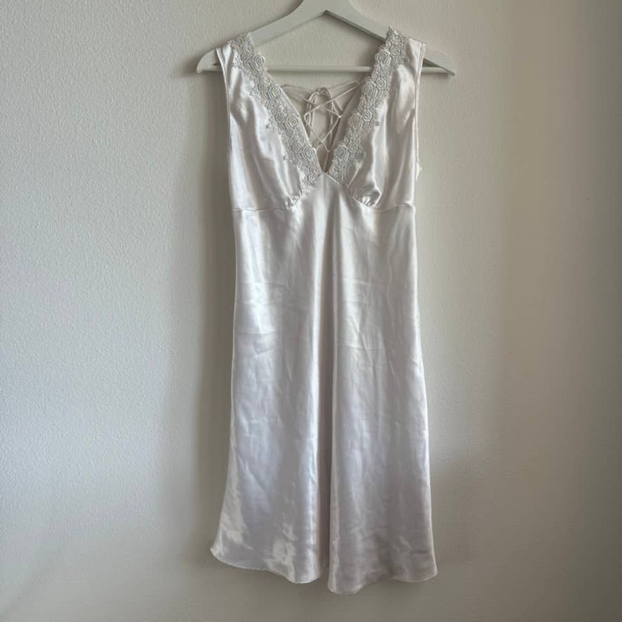 White embroidered floral vneck satin knee length slip nightgown dress