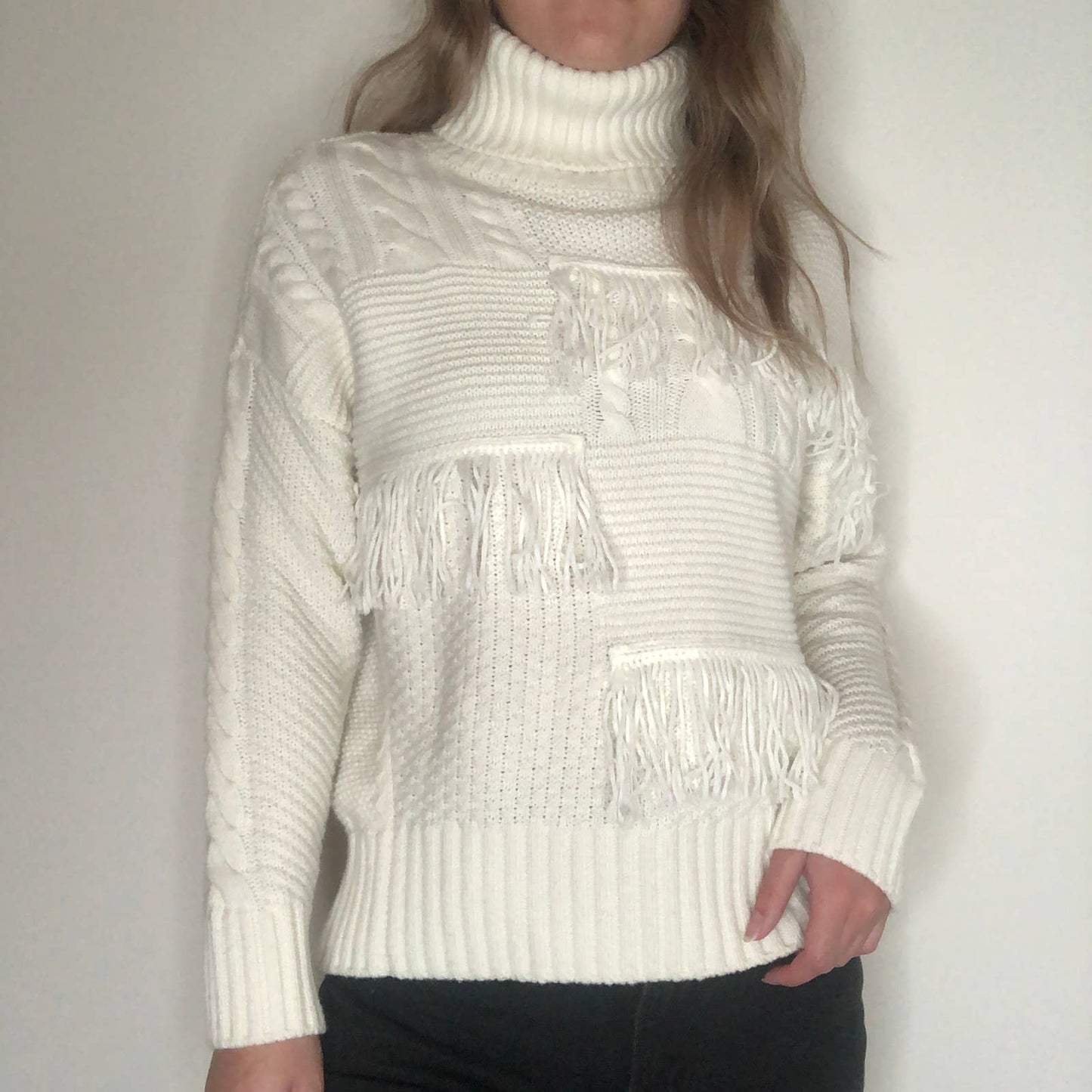 Cream western boho cable knit combo turtleneck wool blend fall sweater