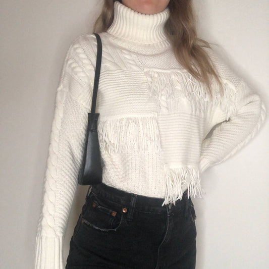 Cream western boho cable knit combo turtleneck wool blend fall sweater